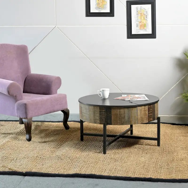 Rustic Vintage Round Coffee Table with Storage 1