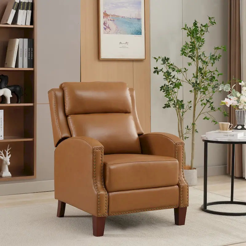 Authentic Leather Pushback Recliner with Adjustable Seat Back and Sturdy Wooden Legs 1