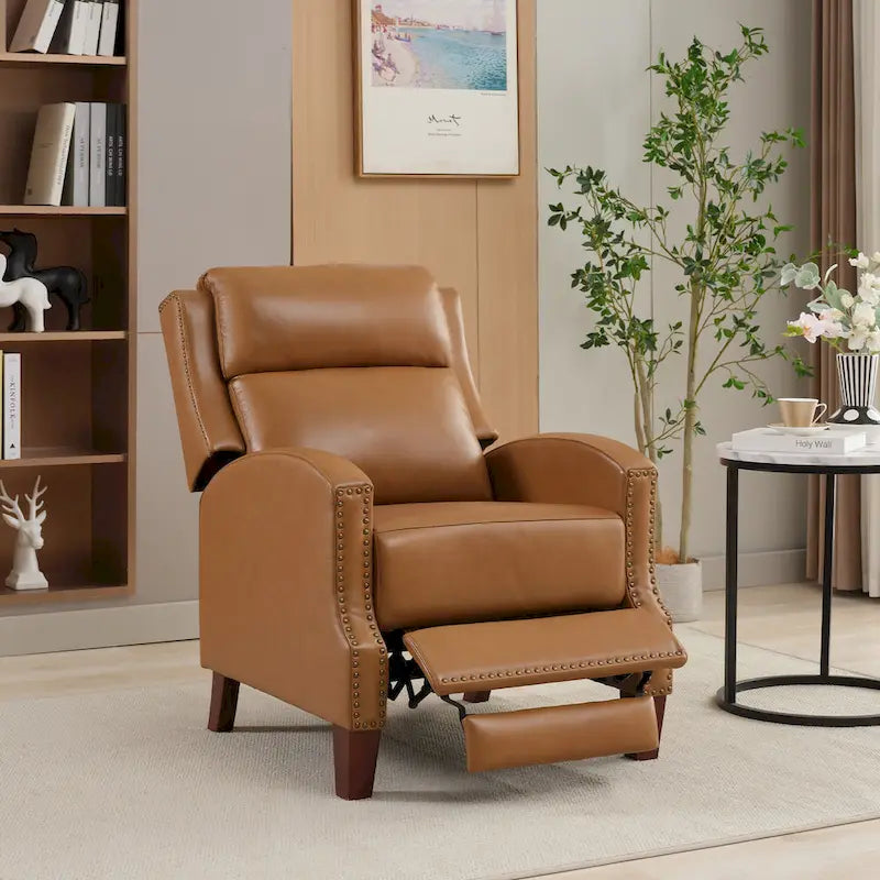Authentic Leather Pushback Recliner with Adjustable Seat Back and Sturdy Wooden Legs 2
