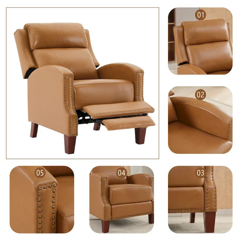 Authentic Leather Pushback Recliner with Adjustable Seat Back and Sturdy Wooden Legs 6