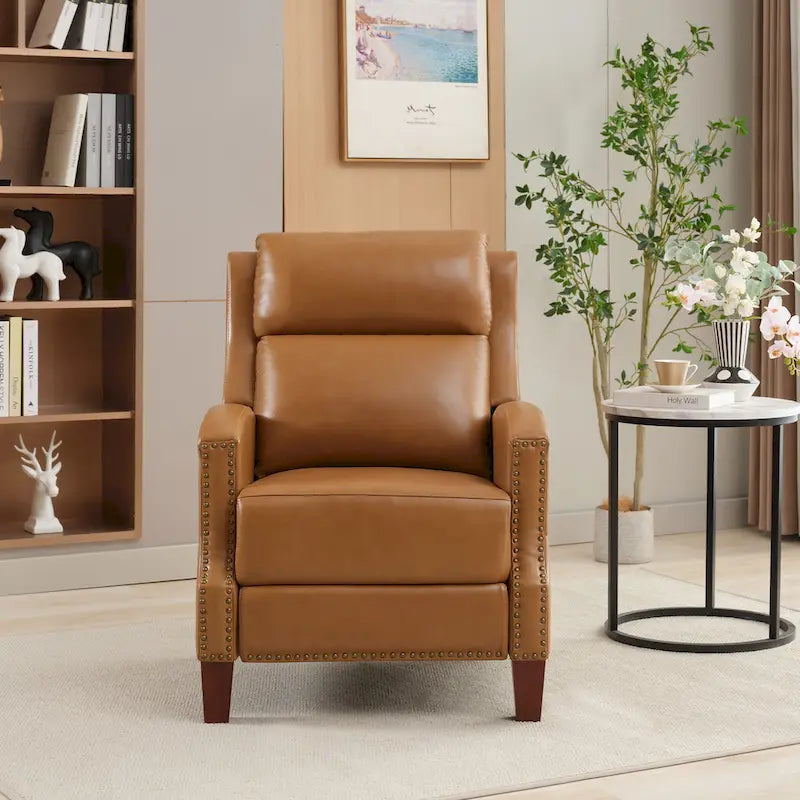 Authentic Leather Pushback Recliner with Adjustable Seat Back and Sturdy Wooden Legs 7