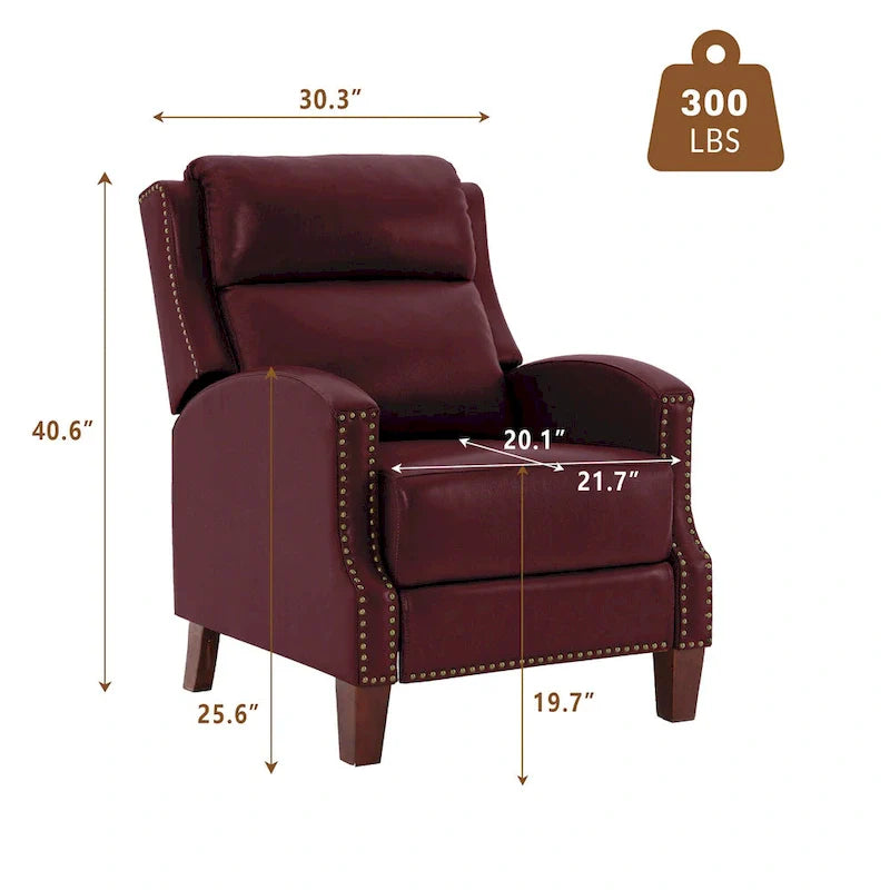 Authentic Leather Pushback Recliner with Adjustable Seat Back and Sturdy Wooden Legs 30
