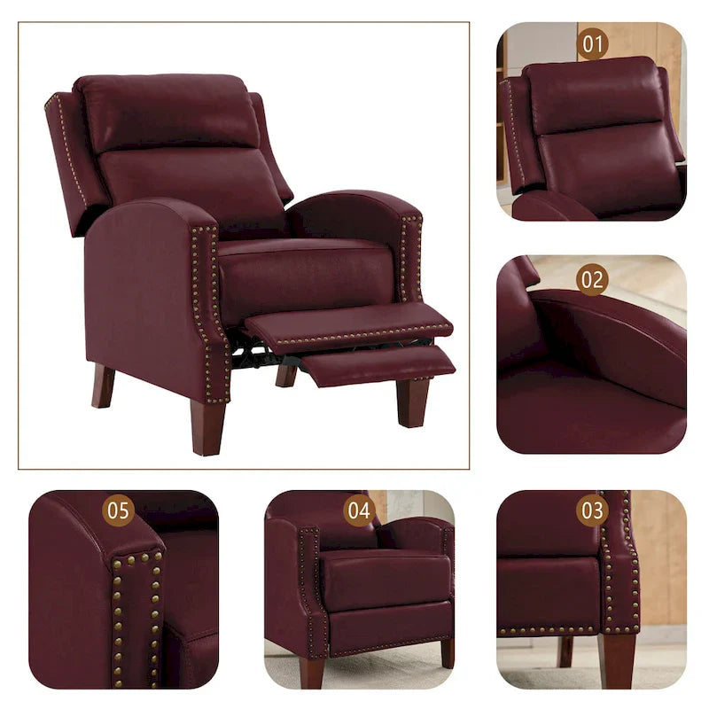 Authentic Leather Pushback Recliner with Adjustable Seat Back and Sturdy Wooden Legs 32
