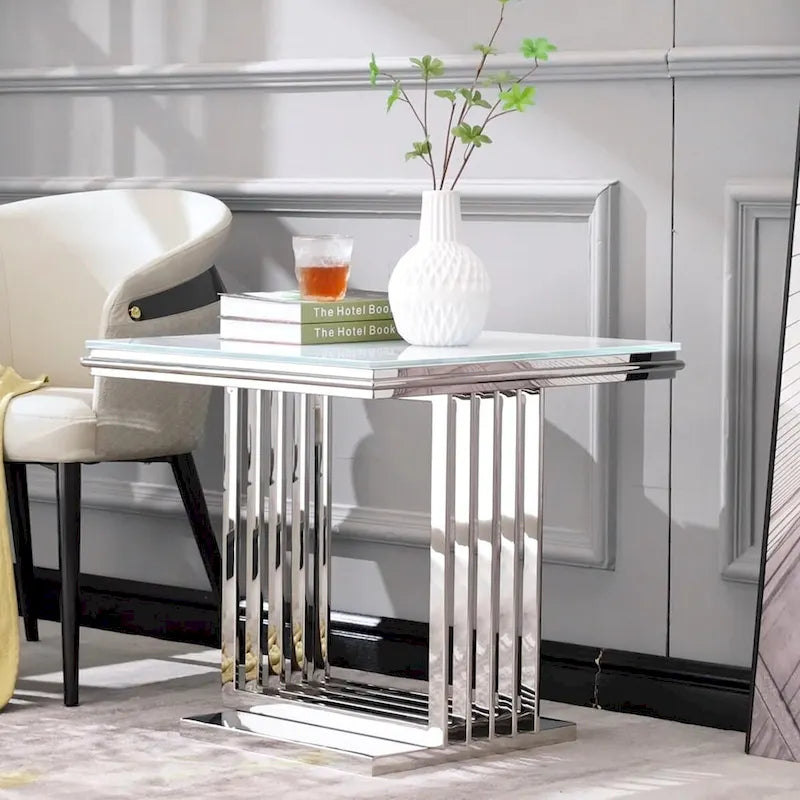 Elegant 24-Inch Square Silver and Glass End Table with Stainless Steel Base 1