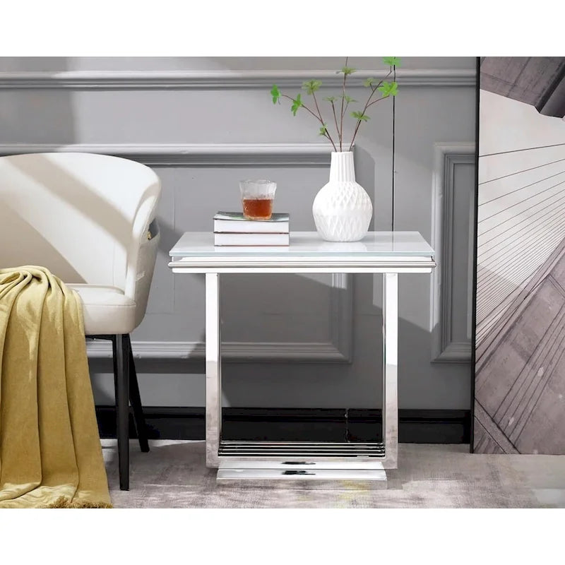Elegant 24-Inch Square Silver and Glass End Table with Stainless Steel Base 3