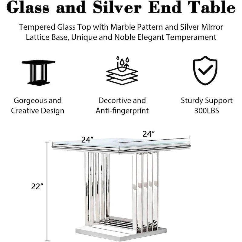 Elegant 24-Inch Square Silver and Glass End Table with Stainless Steel Base 7