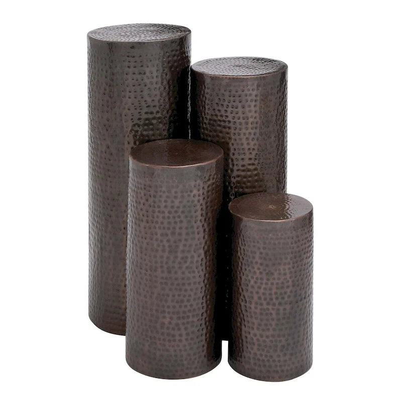 Set of 4 Brown Metal Abstract Tall Slim Pedestal Tables with Grooved Shell or Hammered Finish - Roche River Decor 11
