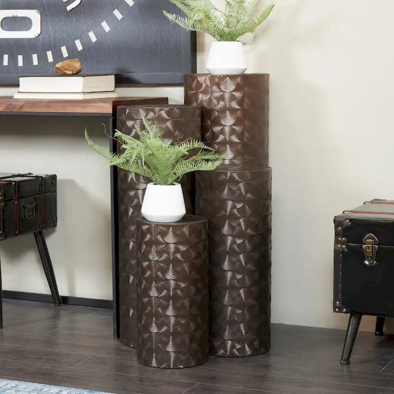 Set of 4 Brown Metal Abstract Tall Slim Pedestal Tables with Grooved Shell or Hammered Finish - Roche River Decor 2