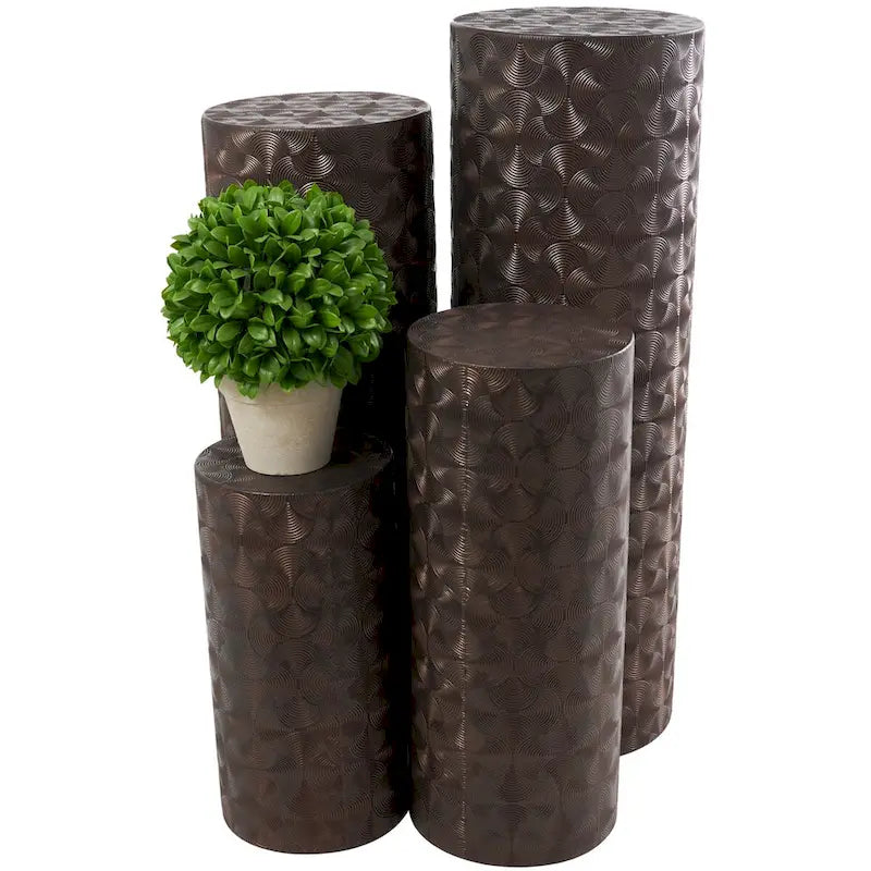 Set of 4 Brown Metal Abstract Tall Slim Pedestal Tables with Grooved Shell or Hammered Finish - Roche River Decor 3