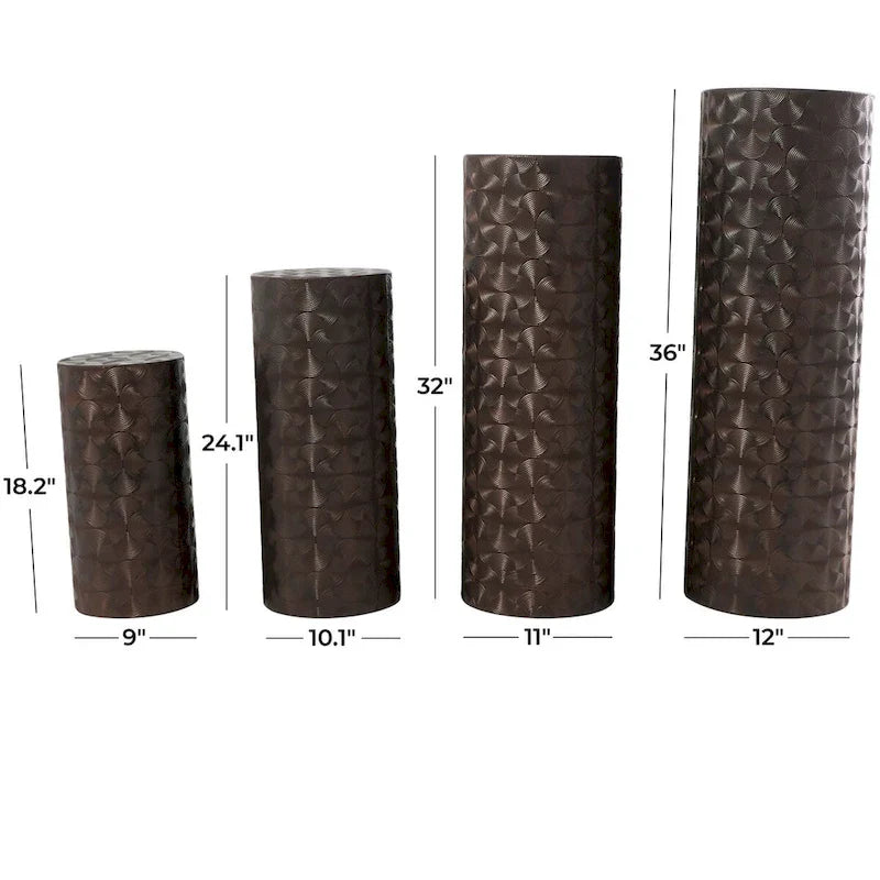 Set of 4 Brown Metal Abstract Tall Slim Pedestal Tables with Grooved Shell or Hammered Finish - Roche River Decor 5