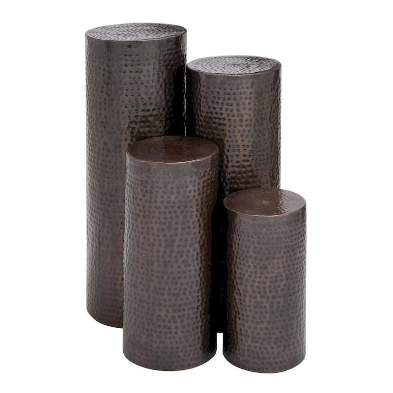 Set of 4 Brown Metal Abstract Tall Slim Pedestal Tables with Grooved Shell or Hammered Finish - Roche River Decor 6