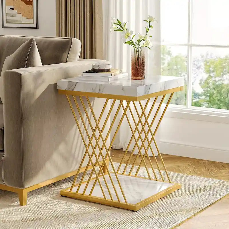 19.75-Inch Square Faux Marble End Table with Gold Accents - Modern Bedside & Living Room Table 16