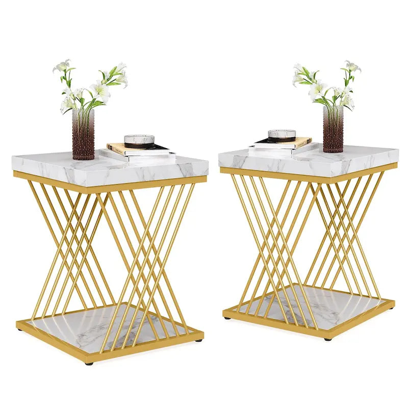 19.75-Inch Square Faux Marble End Table with Gold Accents - Modern Bedside & Living Room Table 17