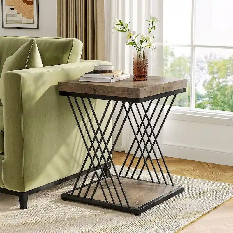 19.75-Inch Square Faux Marble End Table with Gold Accents - Modern Bedside & Living Room Table 18
