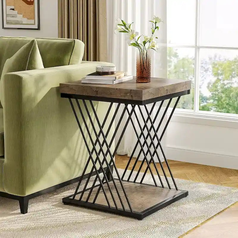 Modern Square End Table with Faux Marble Top and Metal Base 1