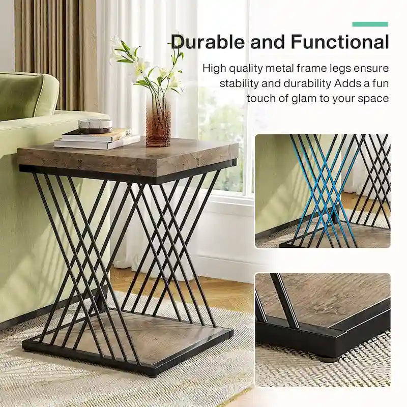 19.75-Inch Square Faux Marble End Table with Gold Accents - Modern Bedside & Living Room Table 2