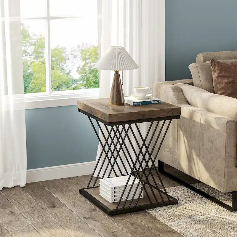 Modern Square End Table with Faux Marble Top and Metal Base 5