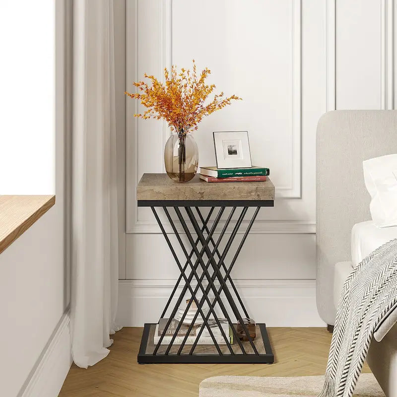 Modern Square End Table with Faux Marble Top and Metal Base 6