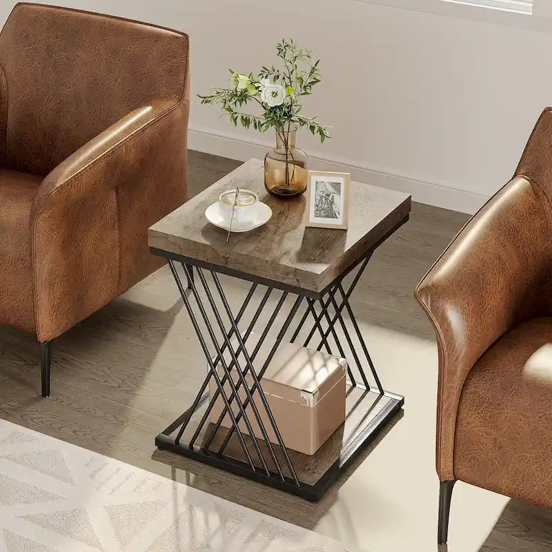 Modern Square End Table with Faux Marble Top and Metal Base 7