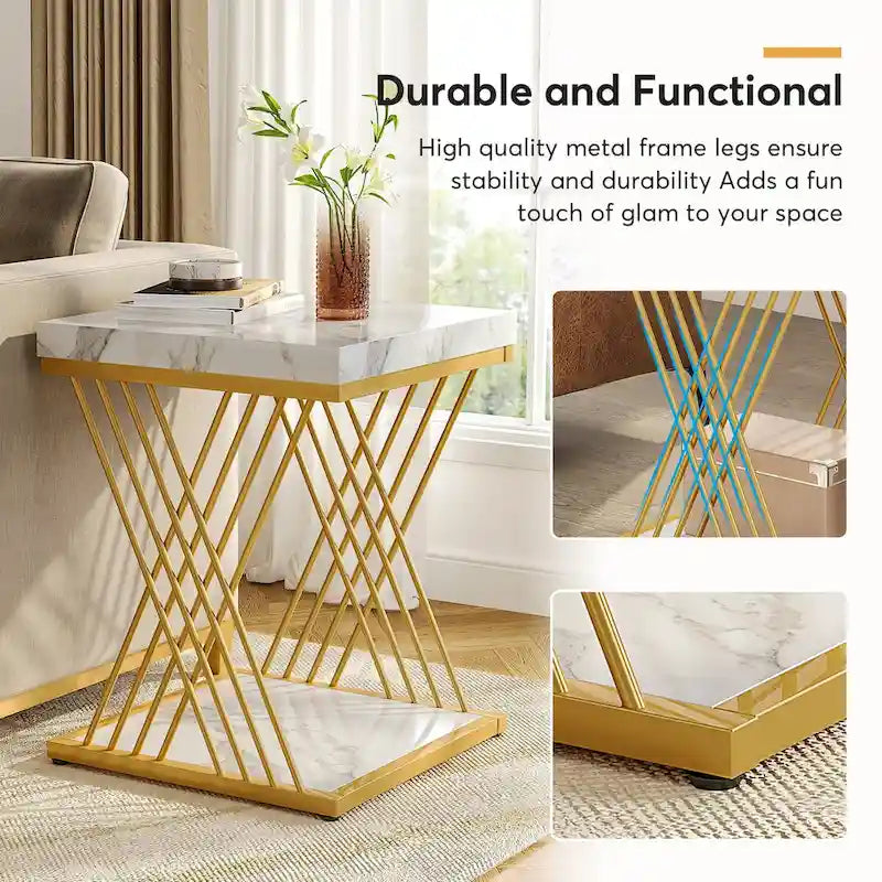 Modern Square End Table with Faux Marble Top and Metal Base 9