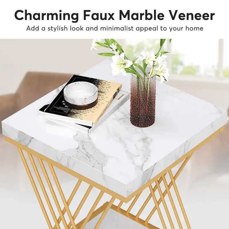 19.75-Inch Square Faux Marble End Table with Gold Accents - Modern Bedside & Living Room Table 10