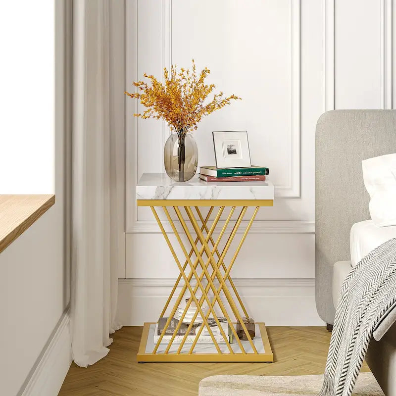 19.75-Inch Square Faux Marble End Table with Gold Accents - Modern Bedside & Living Room Table 11