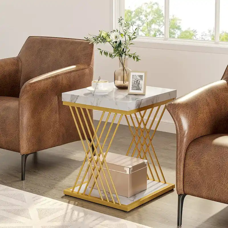 Modern Square End Table with Faux Marble Top and Metal Base 12