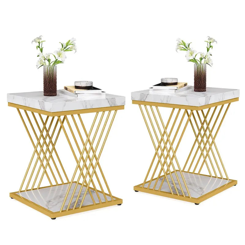 Modern Square End Table with Faux Marble Top and Metal Base 13