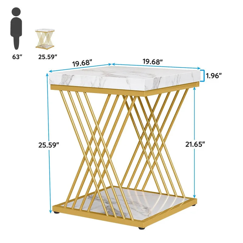 19.75-Inch Square Faux Marble End Table with Gold Accents - Modern Bedside & Living Room Table 14