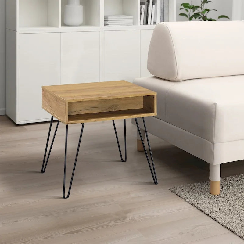 24-Inch Contemporary Side Table with Golden Oak Finish and Black Metal Hairpin Legs 1