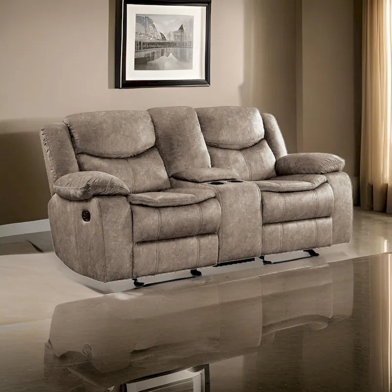 Joe 79-Inch Manual Dual Glider Recliner Loveseat with Console in Brown Microfiber 1