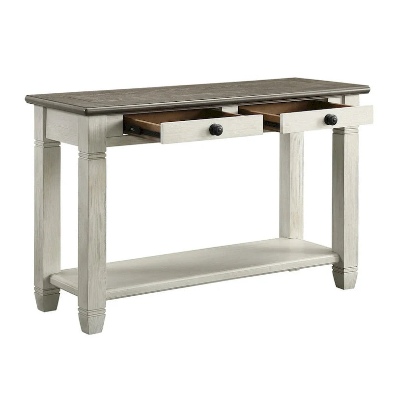 Rome 48-Inch Rectangular Sofa Table with 2 Drawers - White and Brown Solid Wood 3