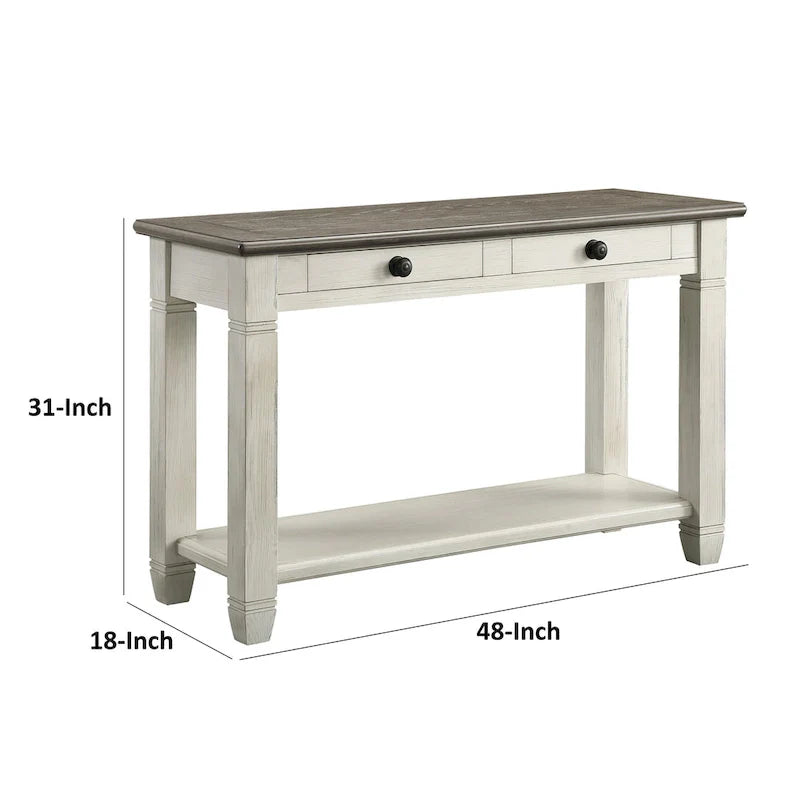 Rome 48-Inch Rectangular Sofa Table with 2 Drawers - White and Brown Solid Wood 5