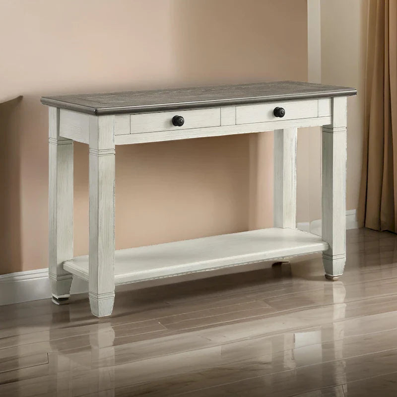 Rome 48-Inch Rectangular Sofa Table with 2 Drawers - White and Brown Solid Wood 6