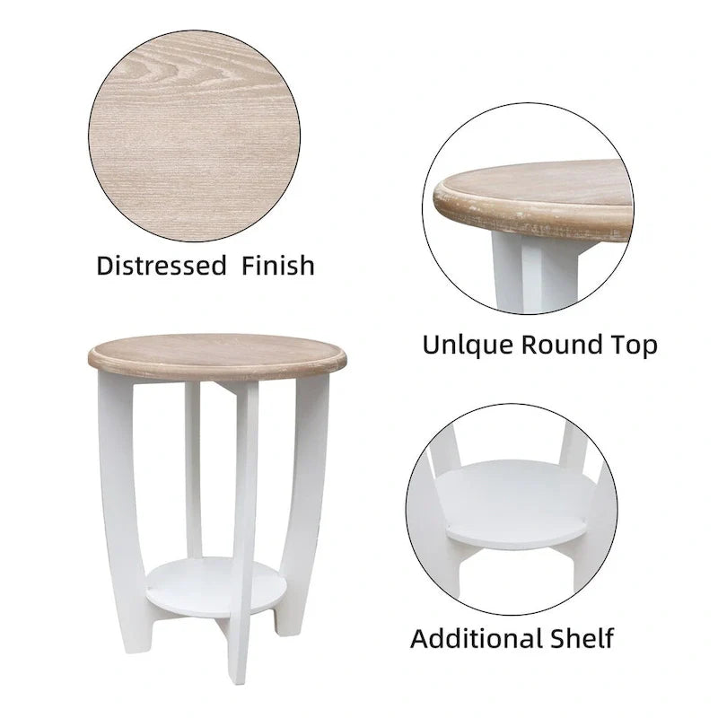Two-Tiered Round Wooden Side Table in White and Brown 5