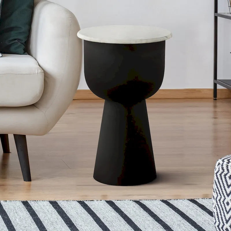 NILA Modern Black Side Table with White Marble Top - Stylish Accent for Living Room & Bedroom 1