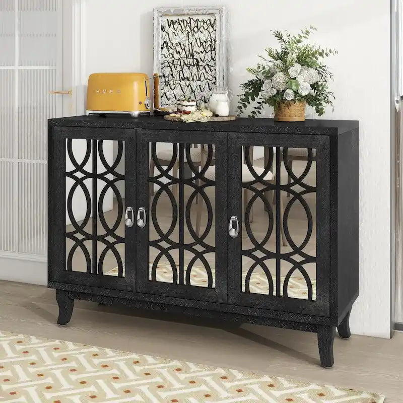 Mirrored Buffet Cabinet with Glass Doors and Silver Handles - 3-Door Sideboard for Living Room, Hallway, and Dining Room 26