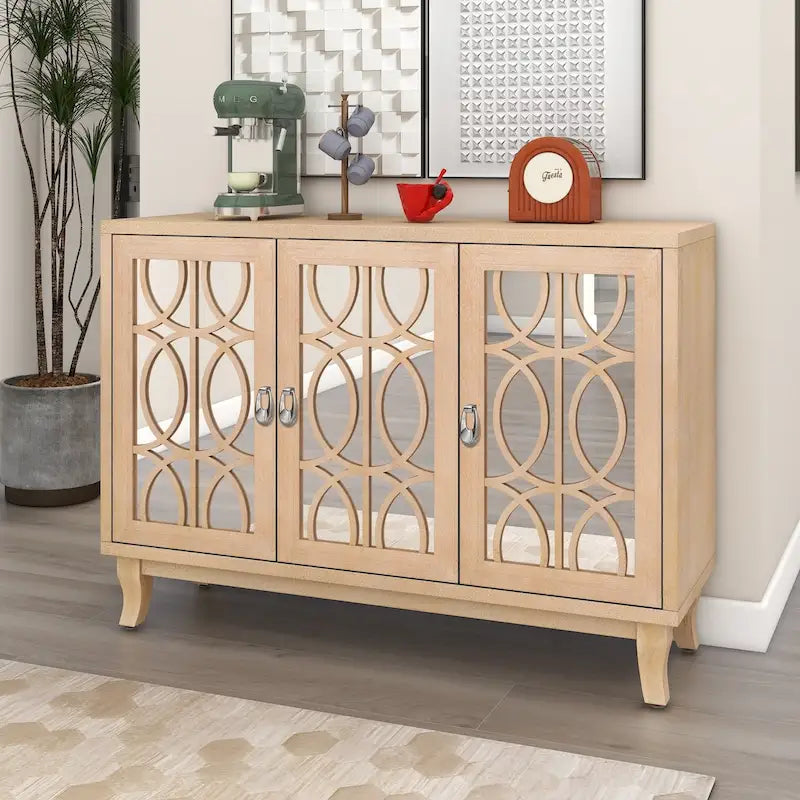 Mirrored Buffet Cabinet with Glass Doors and Silver Handles - 3-Door Sideboard for Living Room, Hallway, and Dining Room 27