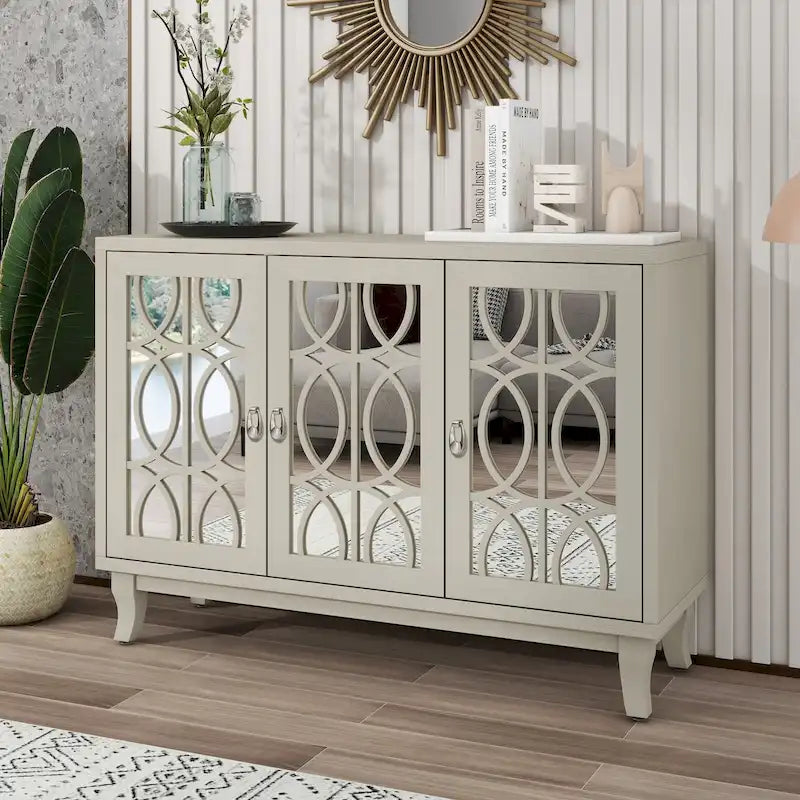 Mirrored Buffet Cabinet with Glass Doors and Silver Handles - 3-Door Sideboard for Living Room, Hallway, and Dining Room 28