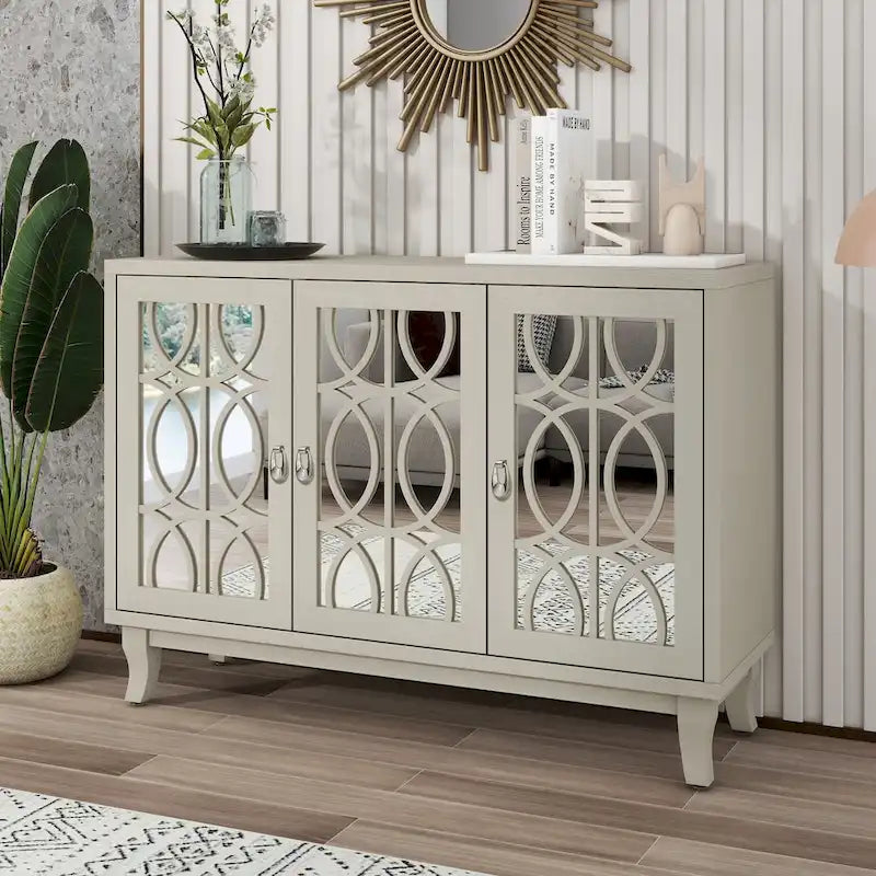 Mirrored Buffet Cabinet with Glass Doors and Silver Handles - 3-Door Sideboard for Living Room, Hallway, and Dining Room 1