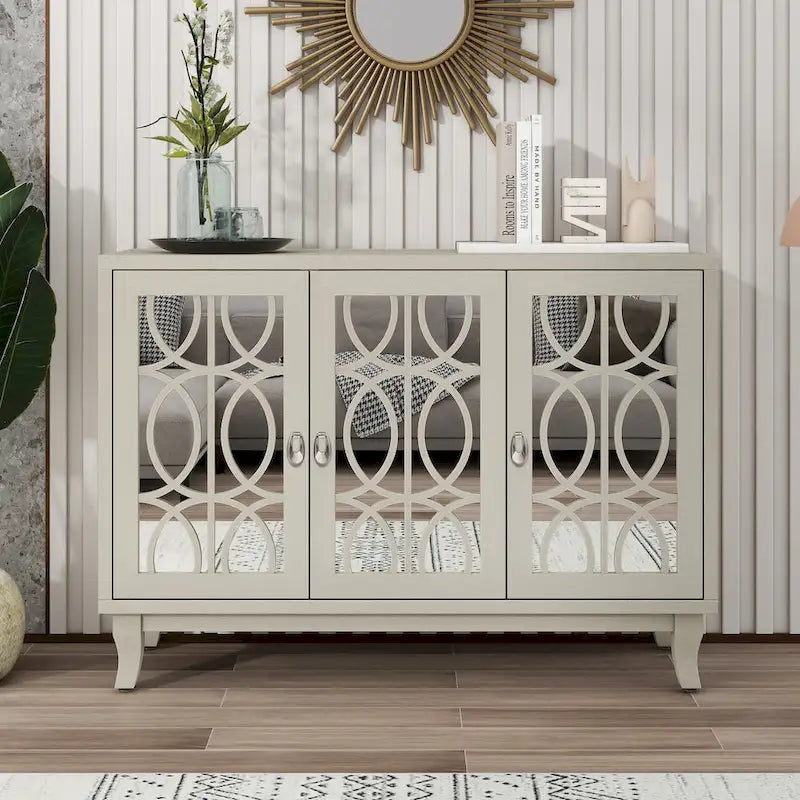 Mirrored Buffet Cabinet with Glass Doors and Silver Handles - 3-Door Sideboard for Living Room, Hallway, and Dining Room 2