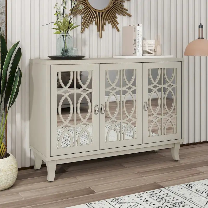 Mirrored Buffet Cabinet with Glass Doors and Silver Handles - 3-Door Sideboard for Living Room, Hallway, and Dining Room 3