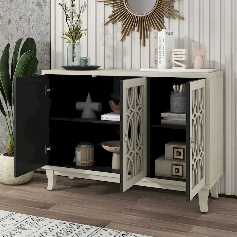 Mirrored Buffet Cabinet with Glass Doors and Silver Handles - 3-Door Sideboard for Living Room, Hallway, and Dining Room 4