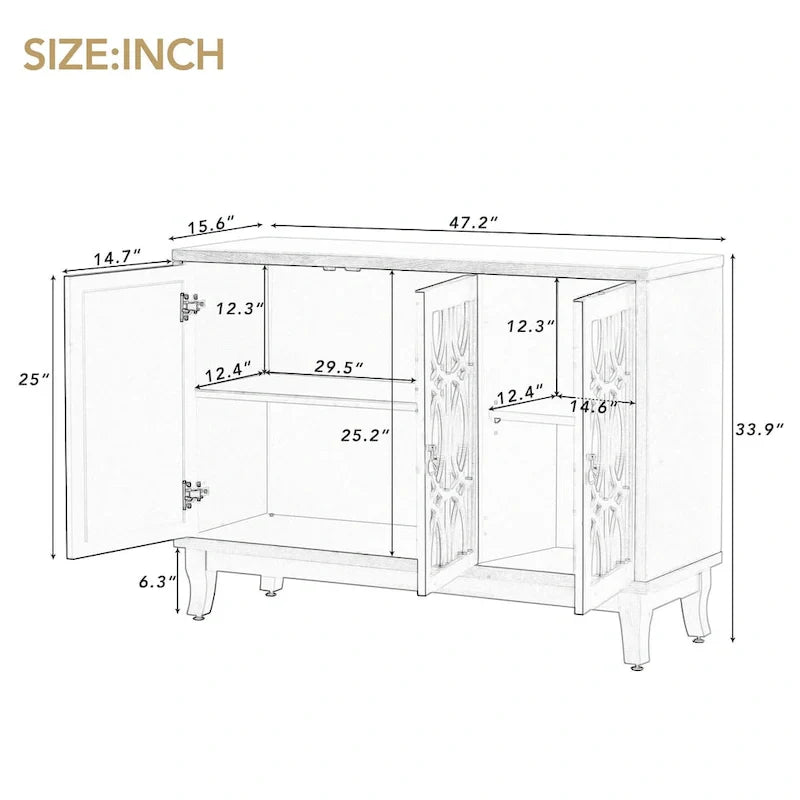 Mirrored Buffet Cabinet with Glass Doors and Silver Handles - 3-Door Sideboard for Living Room, Hallway, and Dining Room 5