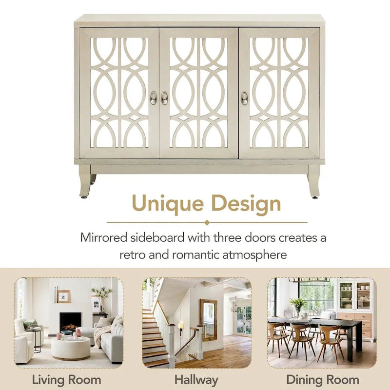 Mirrored Buffet Cabinet with Glass Doors and Silver Handles - 3-Door Sideboard for Living Room, Hallway, and Dining Room 6