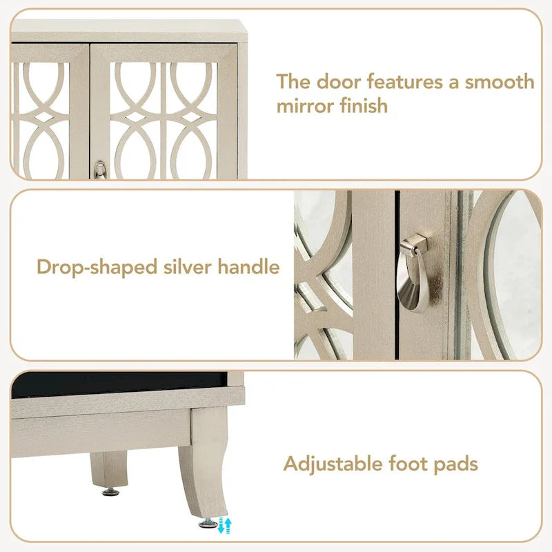 Mirrored Buffet Cabinet with Glass Doors and Silver Handles - 3-Door Sideboard for Living Room, Hallway, and Dining Room 7