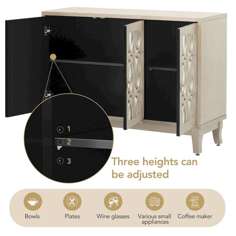 Mirrored Buffet Cabinet with Glass Doors and Silver Handles - 3-Door Sideboard for Living Room, Hallway, and Dining Room 9