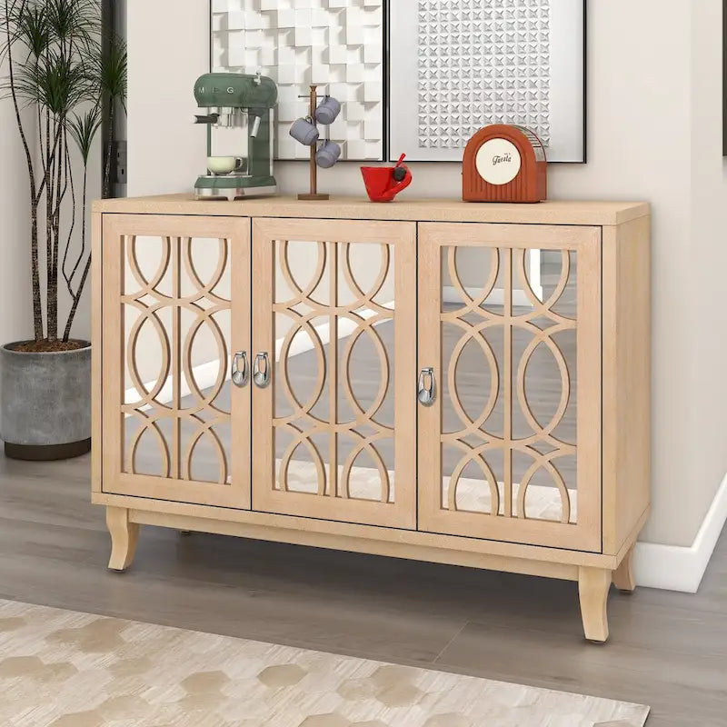 Mirrored Buffet Cabinet with Glass Doors and Silver Handles - 3-Door Sideboard for Living Room, Hallway, and Dining Room 10