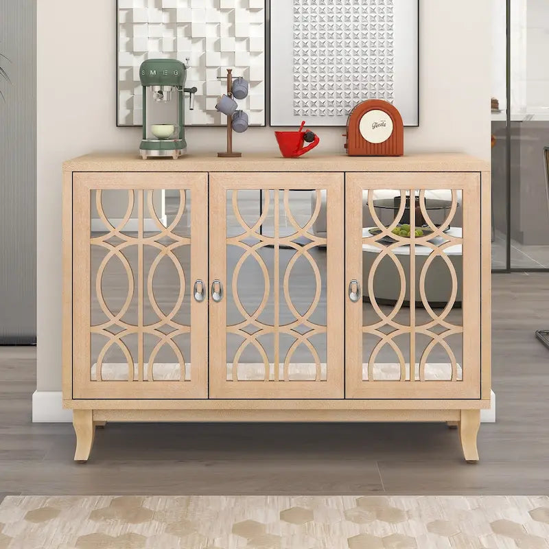 Mirrored Buffet Cabinet with Glass Doors and Silver Handles - 3-Door Sideboard for Living Room, Hallway, and Dining Room 11