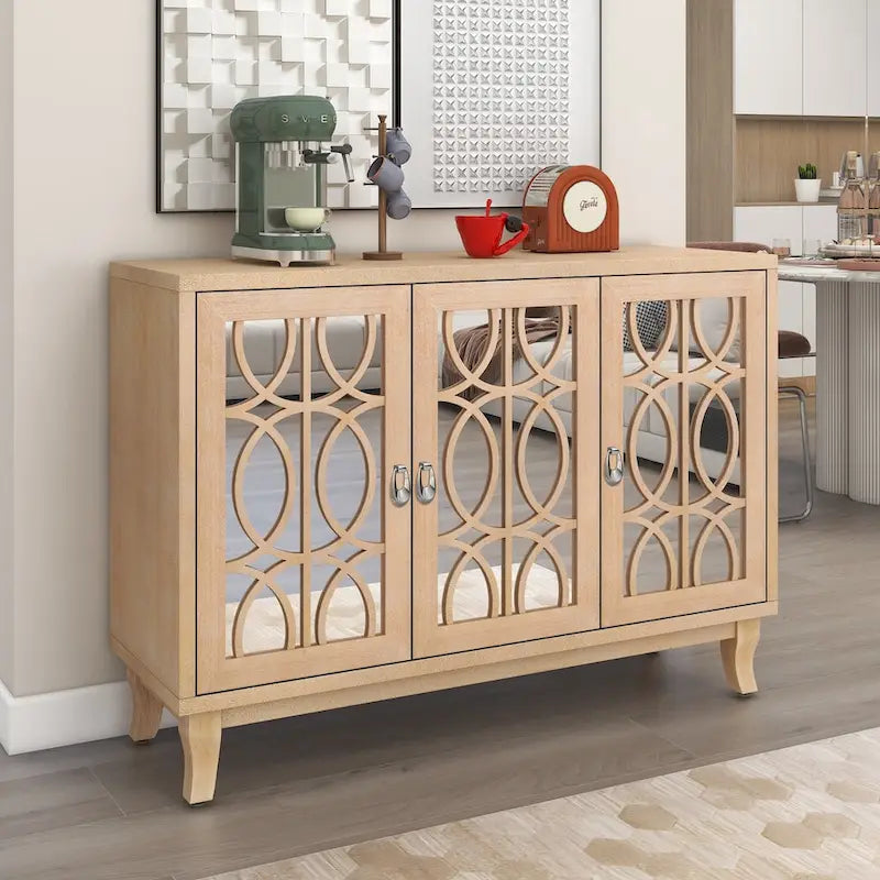 Mirrored Buffet Cabinet with Glass Doors and Silver Handles - 3-Door Sideboard for Living Room, Hallway, and Dining Room 12